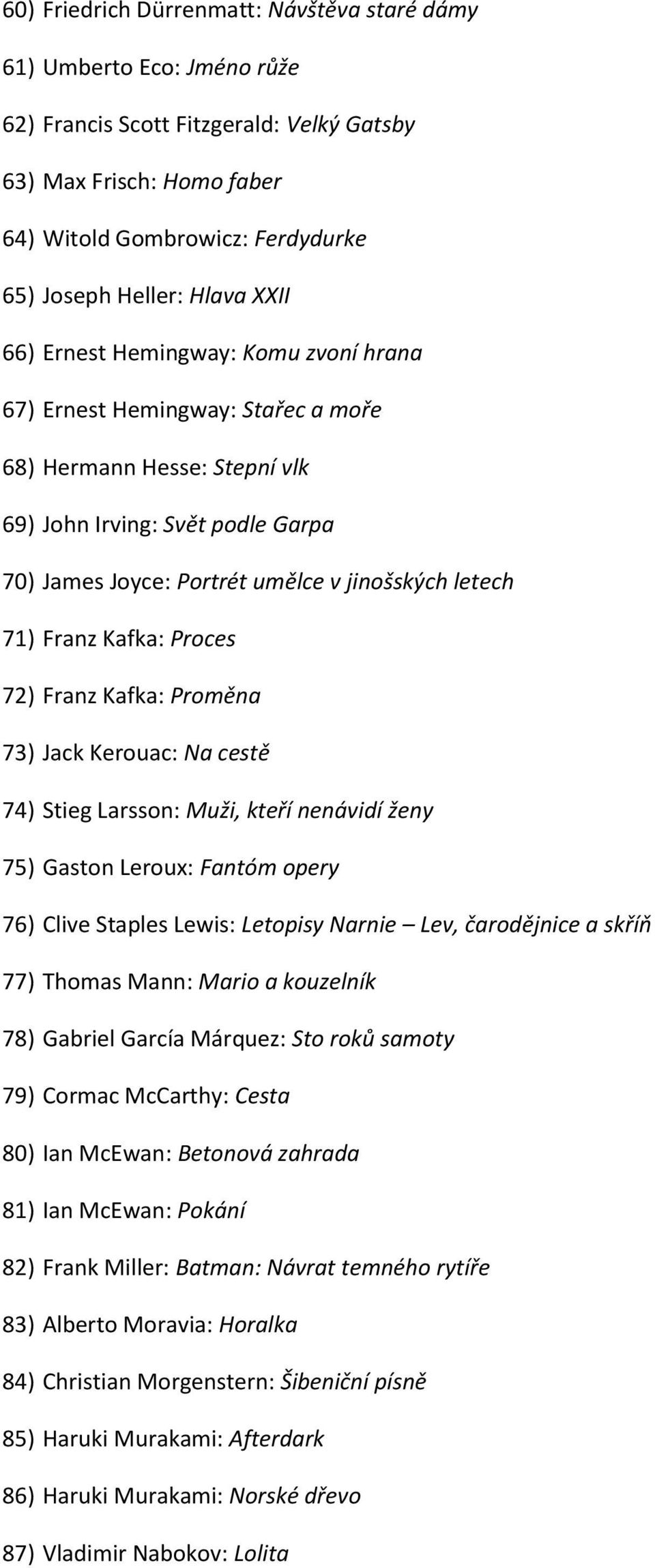 letech 71) Franz Kafka: Proces 72) Franz Kafka: Proměna 73) Jack Kerouac: Na cestě 74) Stieg Larsson: Muži, kteří nenávidí ženy 75) Gaston Leroux: Fantóm opery 76) Clive Staples Lewis: Letopisy