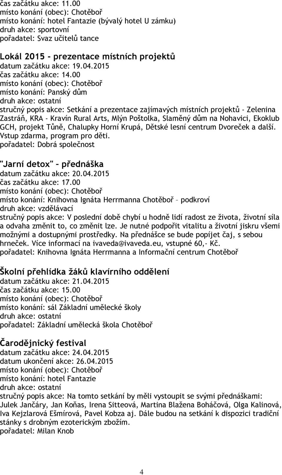 00 místo konání: Panský dům stručný popis akce: Setkání a prezentace zajímavých místních projektů - Zelenina Zastráň, KRA - Kravín Rural Arts, Mlýn Poštolka, Slaměný dům na Nohavici, Ekoklub GCH,