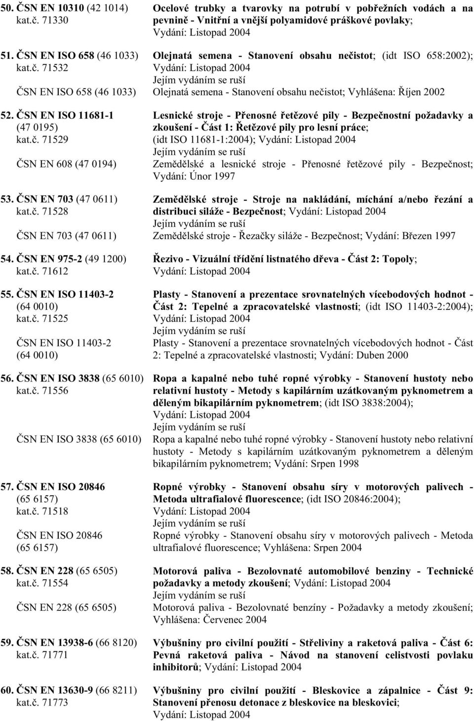 . 71532 Vydání: Listopad 2004 SN EN ISO 658 (46 1033) Olejnatá semena - Stanovení obsahu ne istot; Vyhlášena: íjen 2002 52. SN EN ISO 681-1 (47 0195) kat.