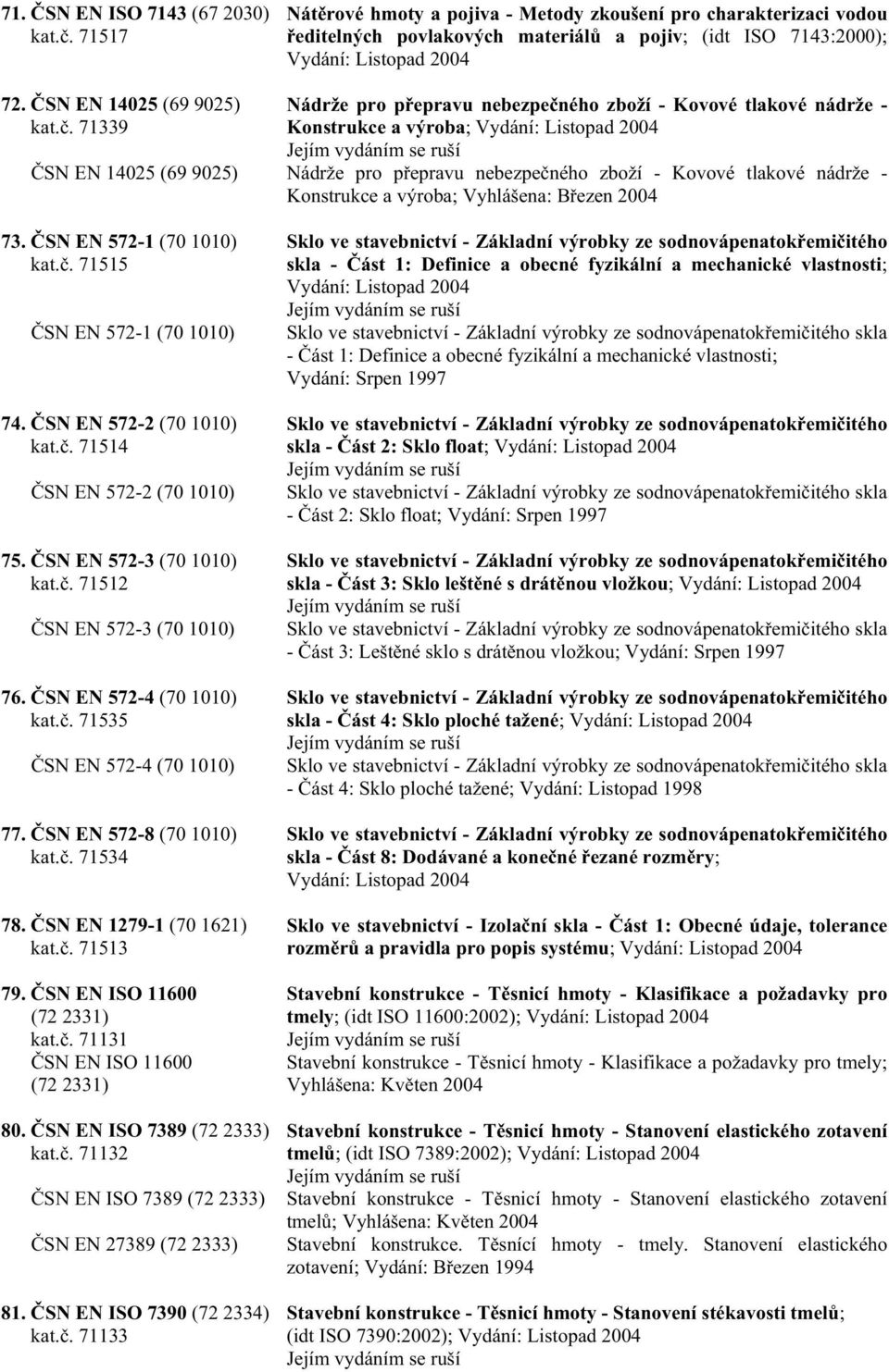 . 71339 Nádrže pro p epravu nebezpe ného zboží - Kovové tlakové nádrže - Konstrukce a výroba; Vydání: Listopad 2004 SN EN 14025 (69 9025) Nádrže pro p epravu nebezpe ného zboží - Kovové tlakové