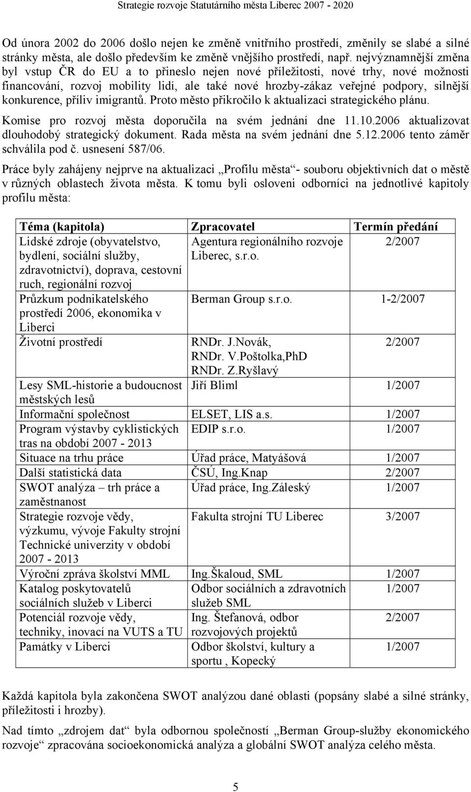 konkurence, příliv imigrantů. Proto město přikročilo k aktualizaci strategického plánu. Komise pro rozvoj města doporučila na svém jednání dne 11.10.2006 aktualizovat dlouhodobý strategický dokument.