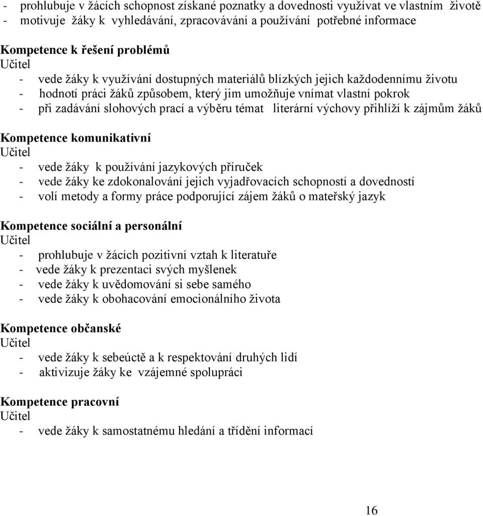 témat literární výchovy přihlíţí k zájmům ţáků Kompetence komunikativní Učitel - vede ţáky k pouţívání jazykových příruček - vede ţáky ke zdokonalování jejich vyjadřovacích schopností a dovedností -