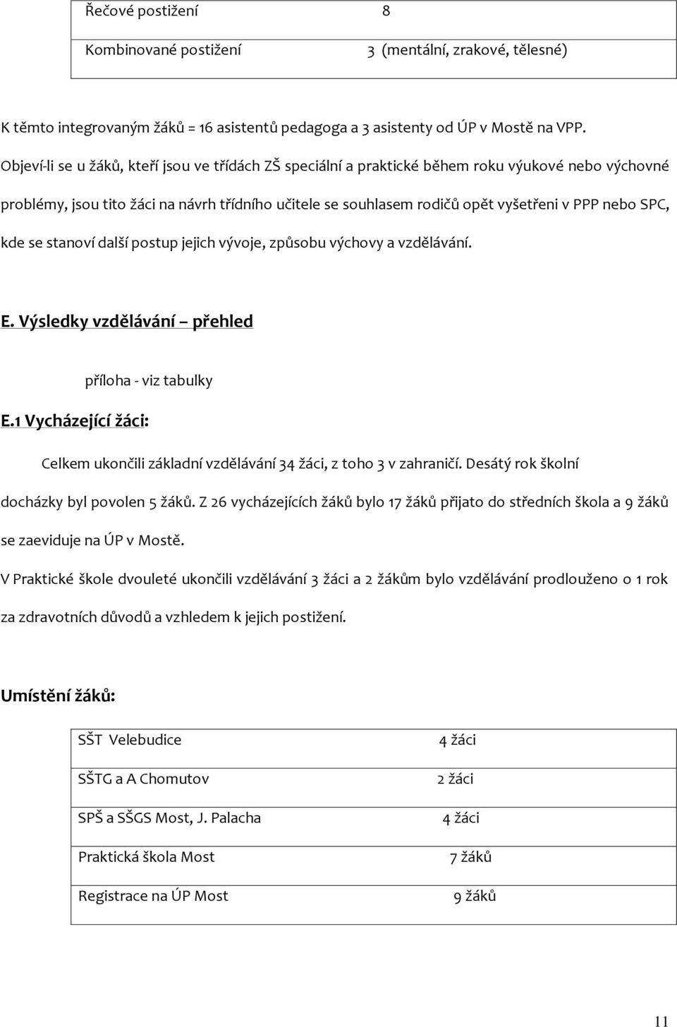 SPC, kde se stanoví další postup jejich vývoje, způsobu výchovy a vzdělávání. E. Výsledky vzdělávání přehled příloha - viz tabulky E.