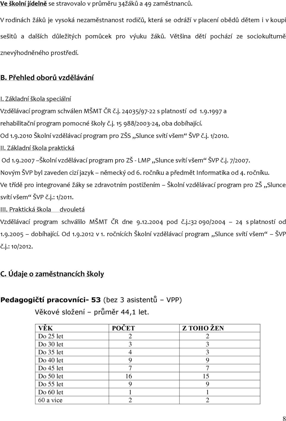 Většina dětí pochází ze sociokulturně znevýhodněného prostředí. B. Přehled oborů vzdělávání I. Základní škola speciální Vzdělávací program schválen MŠMT ČR č.j. 24035/97