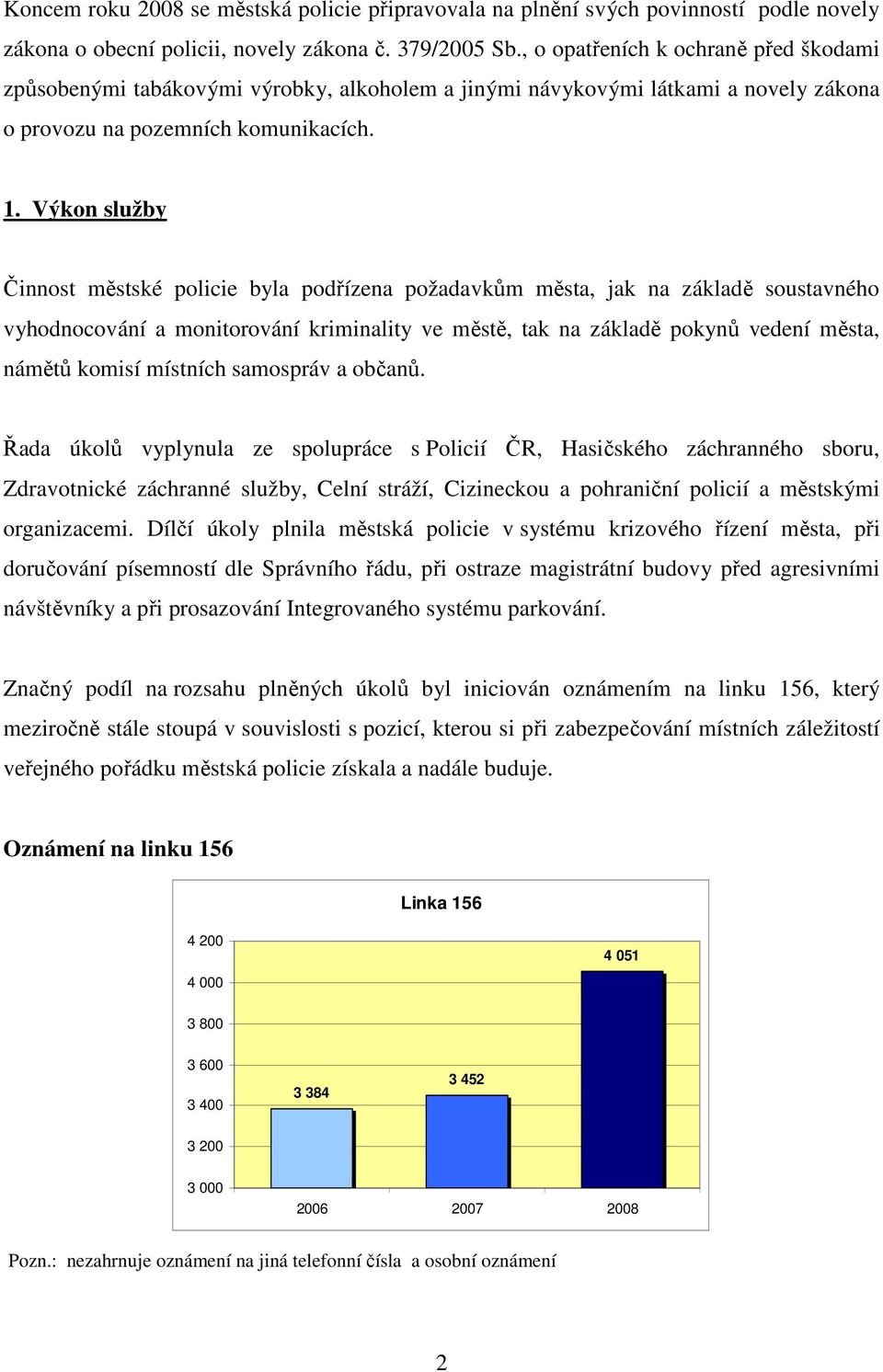 Výkon služby Činnost městské policie byla podřízena požadavkům města, jak na základě soustavného vyhodnocování a monitorování kriminality ve městě, tak na základě pokynů vedení města, námětů komisí