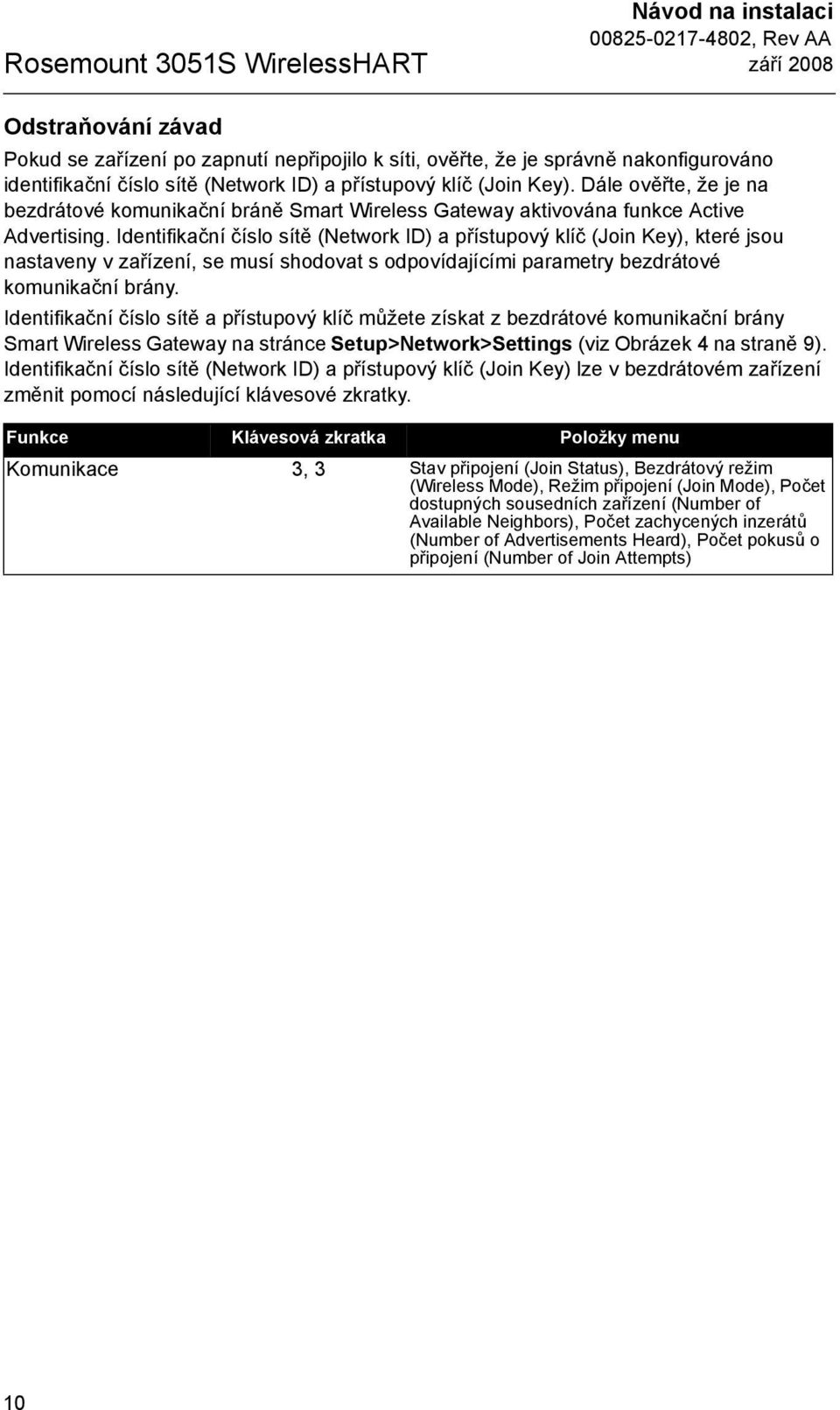 Identifikační číslo sítě (Network ID) a přístupový klíč (Join Key), které jsou nastaveny v zařízení, se musí shodovat s odpovídajícími parametry bezdrátové komunikační brány.