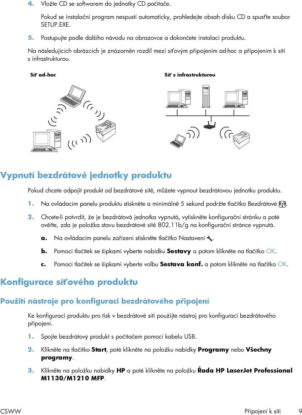 Síť ad-hoc Síť s infrastrukturou Vypnutí bezdrátové jednotky produktu Pokud chcete odpojit produkt od bezdrátové sítě, můžete vypnout bezdrátovou jednotku produktu. 1.