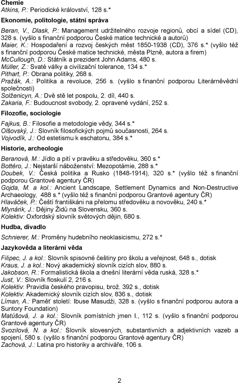 * (vyšlo též s finanční podporou České matice technické, města Plzně, autora a firem) McCullough, D.: Státník a prezident John Adams, 480 s. Müller, Z.: Svaté války a civilizační tolerance, 134 s.