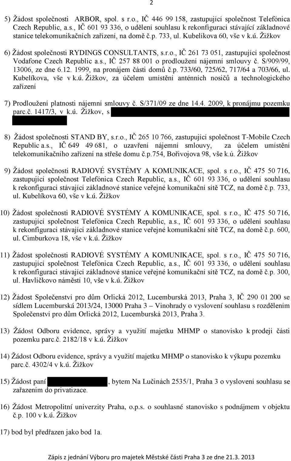 S/909/99, 13006, ze dne 6.12. 1999, na pronájem části domů č.p. 733/60, 725/62, 717/64 a 703/66, ul. Kubelíkova, vše v k.ú.