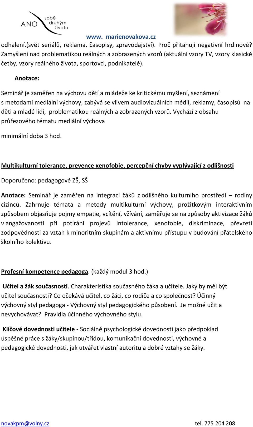 Seminář je zaměřen na výchovu dětí a mládeže ke kritickému myšlení, seznámení s metodami mediální výchovy, zabývá se vlivem audiovizuálních médií, reklamy, časopisů na děti a mladé lidi,