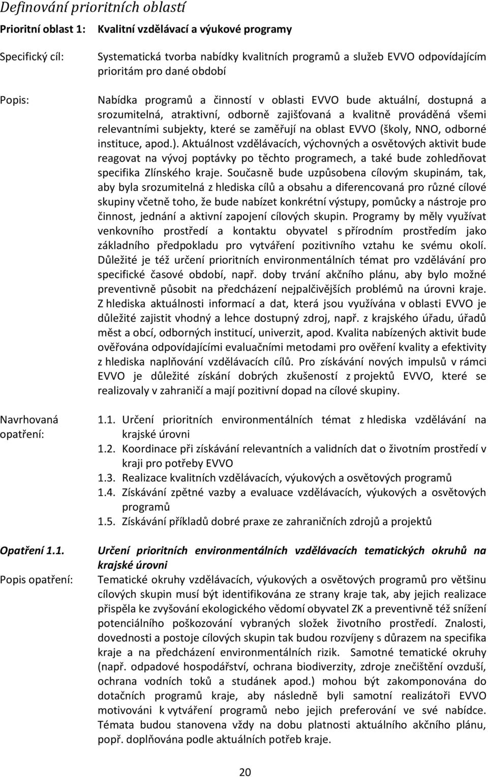 1. Popis opatření: Systematická tvorba nabídky kvalitních programů a služeb EVVO odpovídajícím prioritám pro dané období Nabídka programů a činností v oblasti EVVO bude aktuální, dostupná a