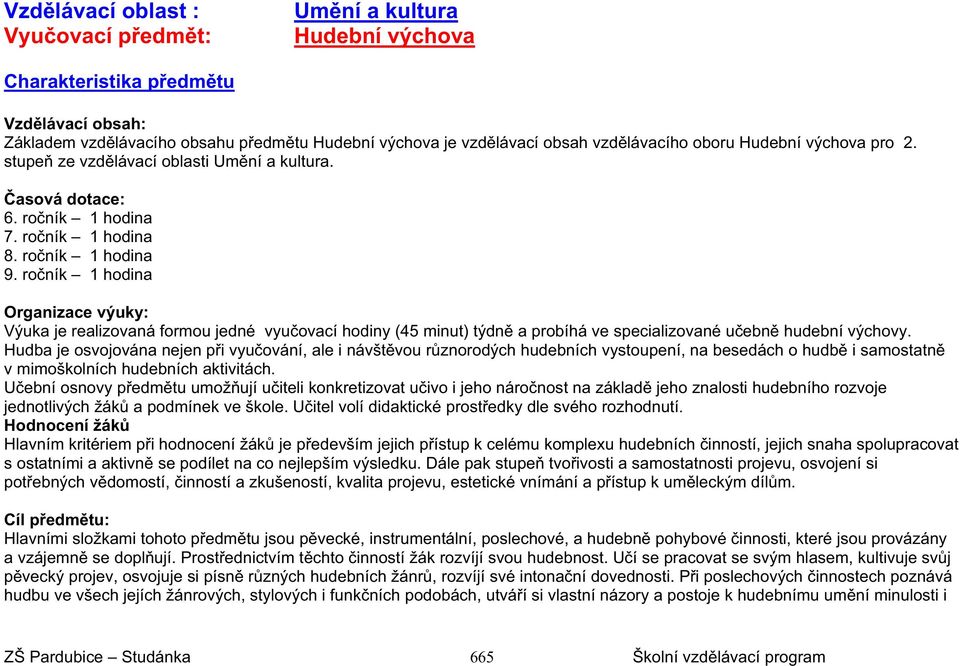 ro ník 1 hodina Organizace výuky: Výuka je realizovaná formou jedné vyu ovací hodiny (45 minut) týdn a probíhá ve specializované u ebn hudební výchovy.