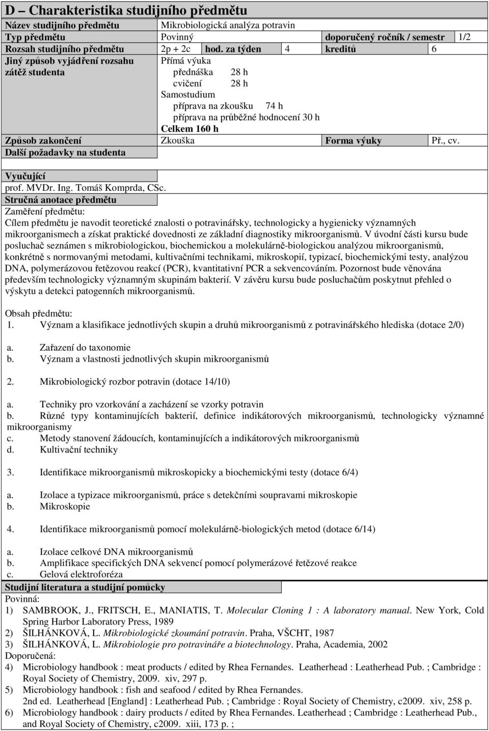 zakončení Zkouška Forma výuky Př., cv. Další požadavky na studenta Vyučující prof. MVDr. Ing. Tomáš Komprda, CSc.