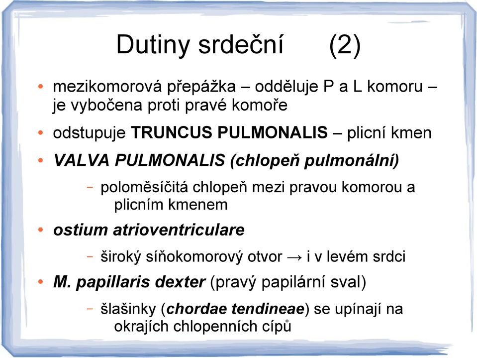 atrioventriculare poloměsíčitá chlopeň mezi pravou komorou a plicním kmenem široký síňokomorový otvor