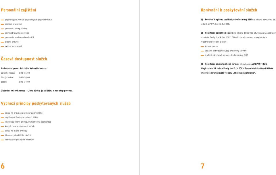 pracovníci Linky důvěry administrativní pracovnice pracovník pro komunikaci a PR externí právníci externí supervizoři 2) Registrace sociálních služeb dle zákona 108/2006 Sb. vydaná Magistrátem hl.
