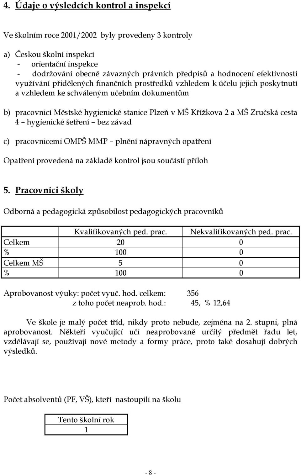 Křížkova 2 a MŠ Zručská cesta 4 hygienické šetření bez závad c) pracovnicemi OMPŠ MMP plnění nápravných opatření Opatření provedená na základě kontrol jsou součástí příloh 5.