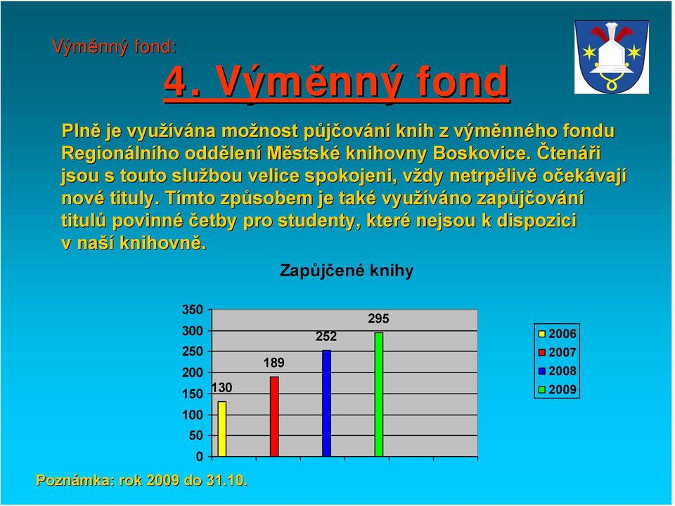 knihovny Boskovice. Čtenáři jsou s touto službou velice spokojeni, vždy v netrpěliv livě očekávají nové tituly.