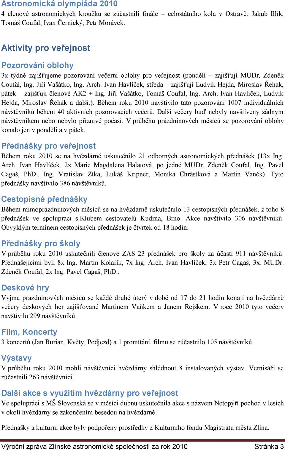 Ivan Havlíček, středa zajišťují Ludvík Hejda, Miroslav Řehák, pátek zajišťují členové AK2 + Ing. Jiří Vašátko, Tomáš Coufal, Ing. Arch. Ivan Havlíček, Ludvík Hejda, Miroslav Řehák a další.).