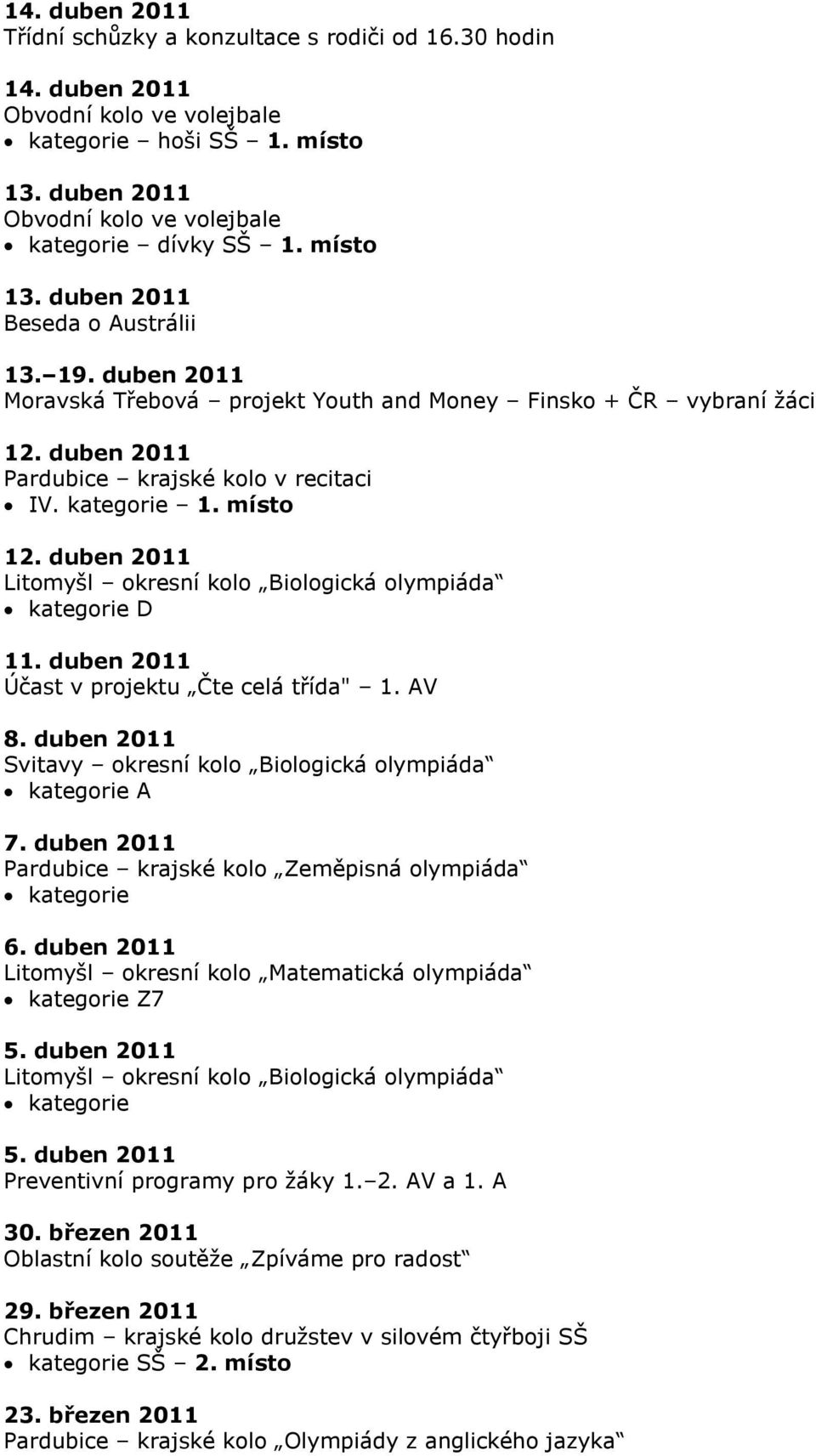 duben 2011 Litomyšl okresní kolo Biologická olympiáda kategorie D 11. duben 2011 Účast v projektu Čte celá třída" 1. AV 8. duben 2011 Svitavy okresní kolo Biologická olympiáda kategorie A 7.