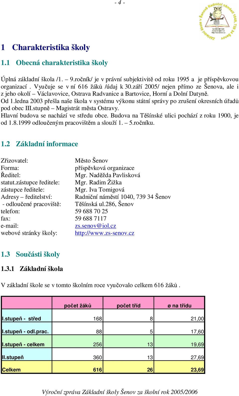 ledna 2003 pešla naše škola v systému výkonu státní správy po zrušení okresních úad pod obec III.stupn Magistrát msta Ostravy. Hlavní budova se nachází ve stedu obce.