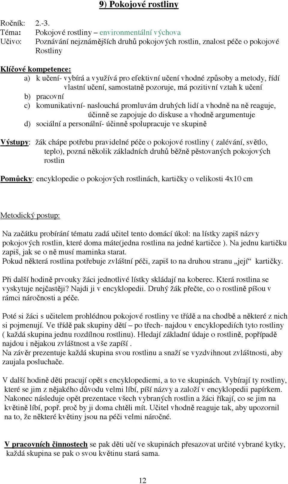 u ení vhodné zp soby a metody, ídí vlastní u ení, samostatn pozoruje, má pozitivní vztah k u ení b) pracovní c) komunikativní- naslouchá promluvám druhých lidí a vhodn na n reaguje, ú inn se zapojuje