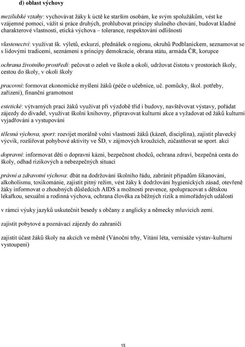 výletů, exkurzí, přednášek o regionu, okruhů Podblanickem, seznamovat se s lidovými tradicemi, seznámení s principy demokracie, obrana státu, armáda ČR, korupce ochrana životního prostředí: pečovat o