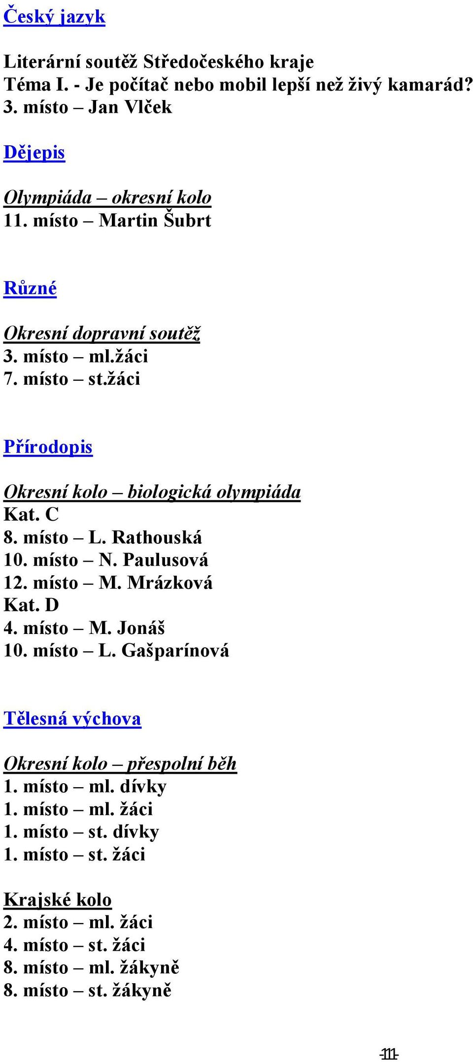 žáci Přírodopis Okresní kolo biologická olympiáda Kat. C 8. místo L. Rathouská 10. místo N. Paulusová 12. místo M. Mrázková Kat. D 4. místo M. Jonáš 10.