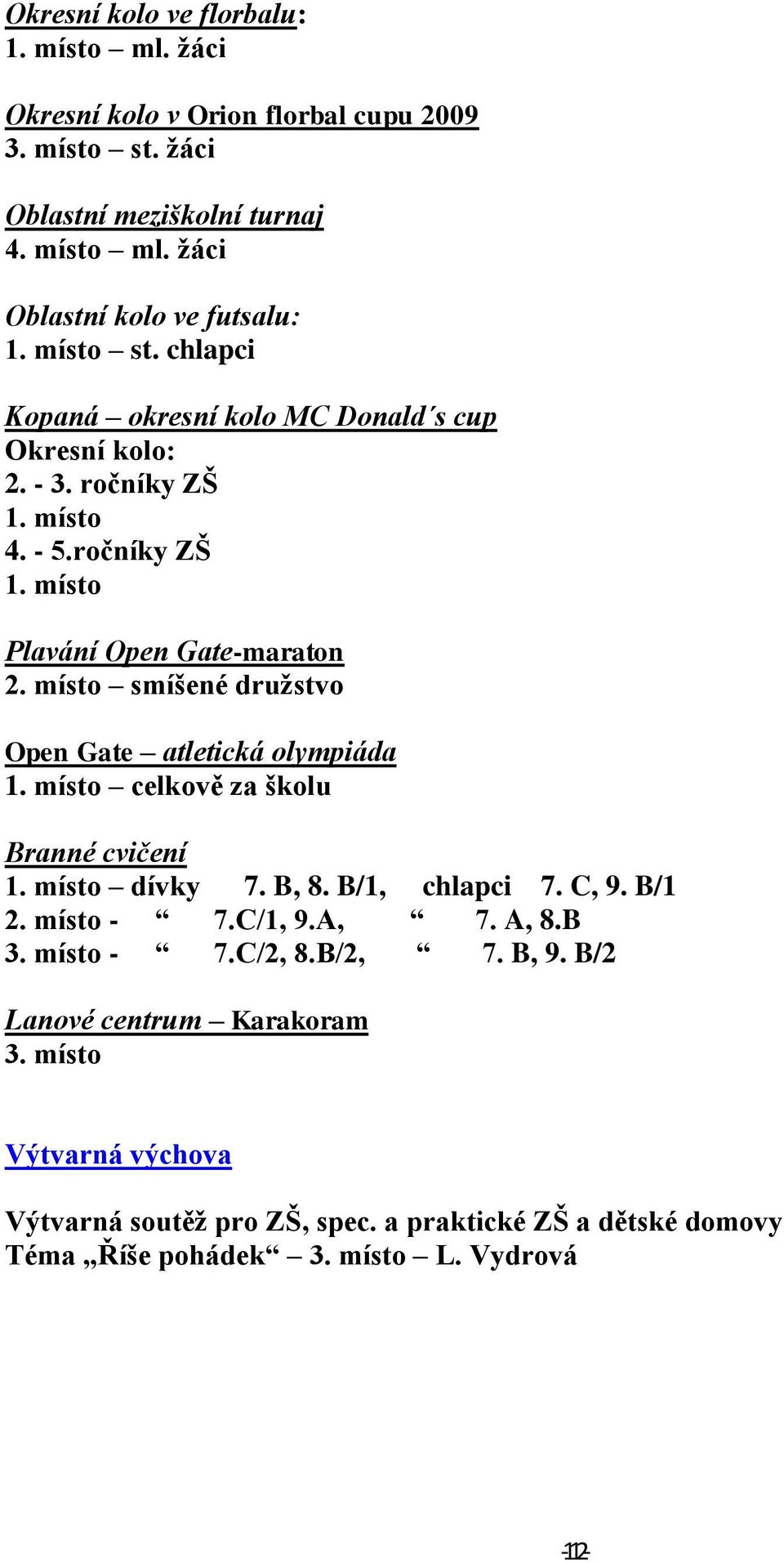 místo smíšené družstvo Open Gate atletická olympiáda 1. místo celkově za školu Branné cvičení 1. místo dívky 7. B, 8. B/1, chlapci 7. C, 9. B/1 2. místo - 7.C/1, 9.A, 7. A, 8.