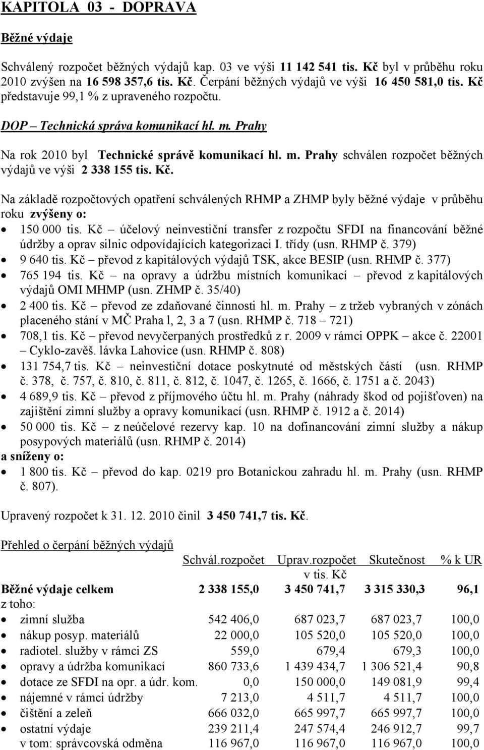 Kč. Na základě rozpočtových opatření schválených RHMP a ZHMP byly běžné výdaje v průběhu roku zvýšeny o: 150 000 tis.