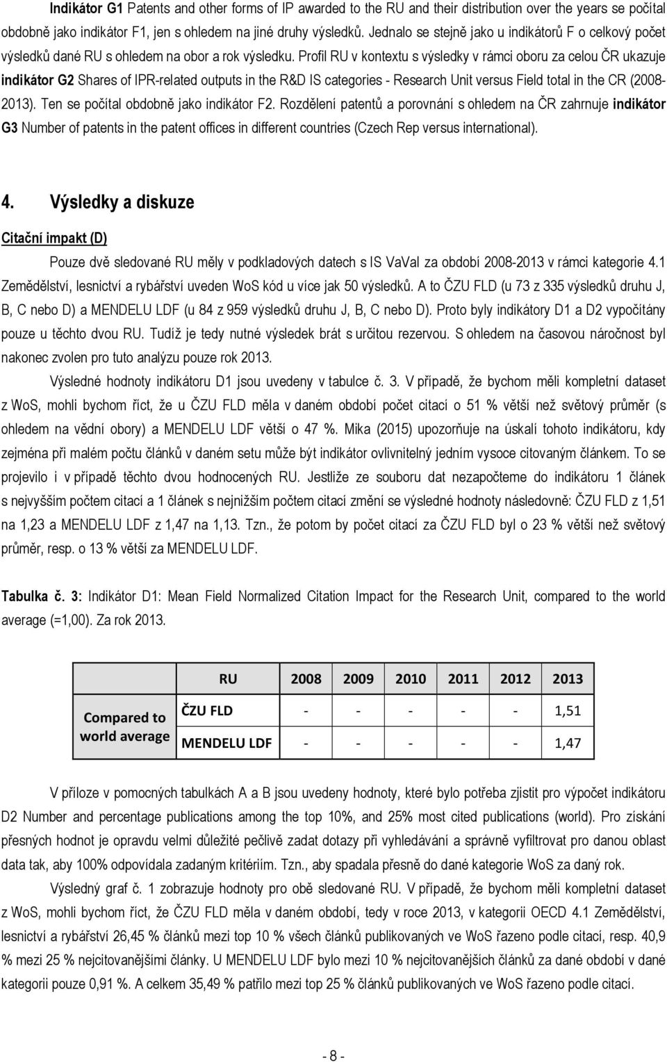 Profil v kontextu s výsledky v rámci oboru za celou ČR ukazuje indikátor G2 Shares of IPR-related outputs in the R&D IS categories - Research Unit versus Field total in the CR (2008-2013).