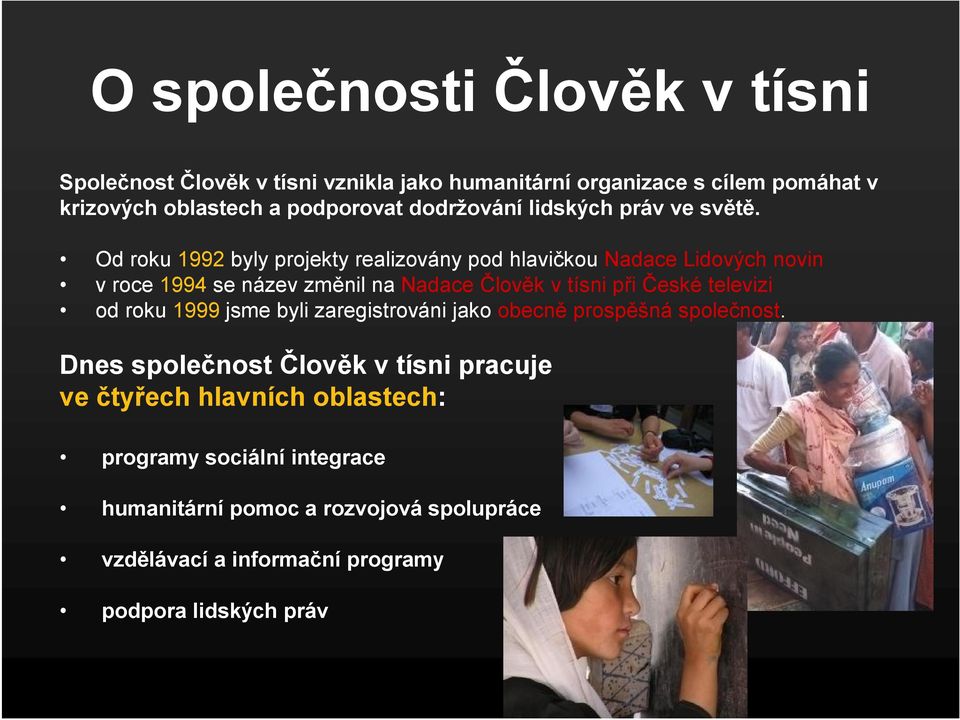 Od roku 1992 byly projekty realizovány pod hlavičkou Nadace Lidových novin v roce 1994 se název změnil na Nadace Člověk v tísni při České televizi