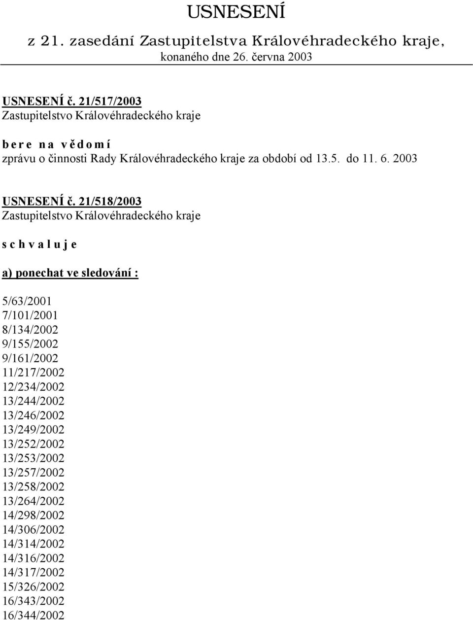 21/518/2003 s c h v a l u j e a) ponechat ve sledování : 5/63/2001 7/101/2001 8/134/2002 9/155/2002 9/161/2002 11/217/2002 12/234/2002