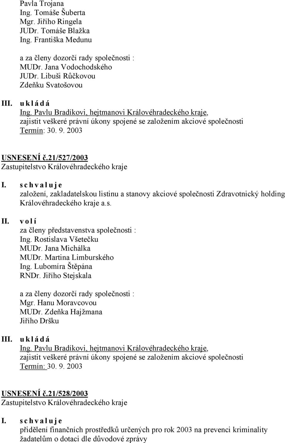 2003 USNESENÍ č.21/527/2003 I. schvaluje založení, zakladatelskou listinu a stanovy akciové společnosti Zdravotnický holding Královéhradeckého kraje a.s. volí za členy představenstva společnosti : Ing.