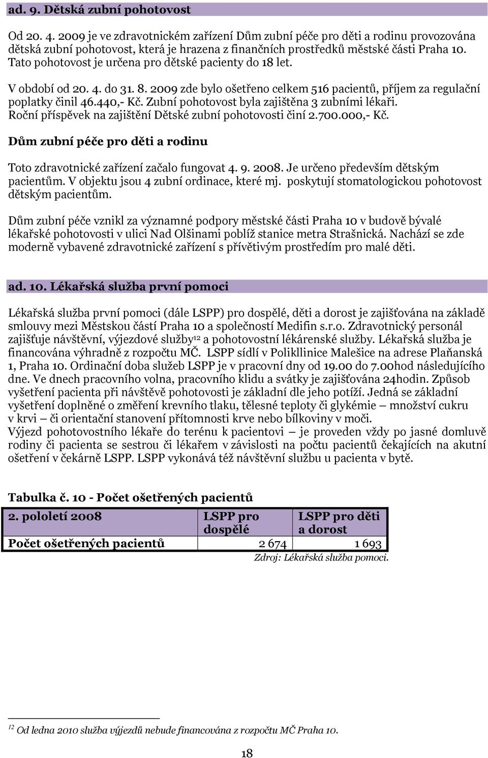 Tato pohotovost je určena pro dětské pacienty do 18 let. V období od 20. 4. do 31. 8. 2009 zde bylo ošetřeno celkem 516 pacientů, příjem za regulační poplatky činil 46.440,- Kč.