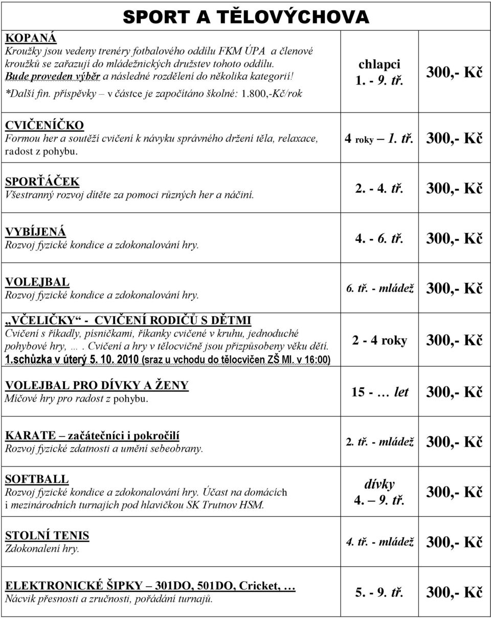 CVIČENÍČKO Formou her a soutěží cvičení k návyku správného držení těla, relaxace, radost z pohybu. 4 roky 1. tř. SPORŤÁČEK Všestranný rozvoj dítěte za pomoci různých her a náčiní. 2. - 4. tř. VYBÍJENÁ Rozvoj fyzické kondice a zdokonalování hry.