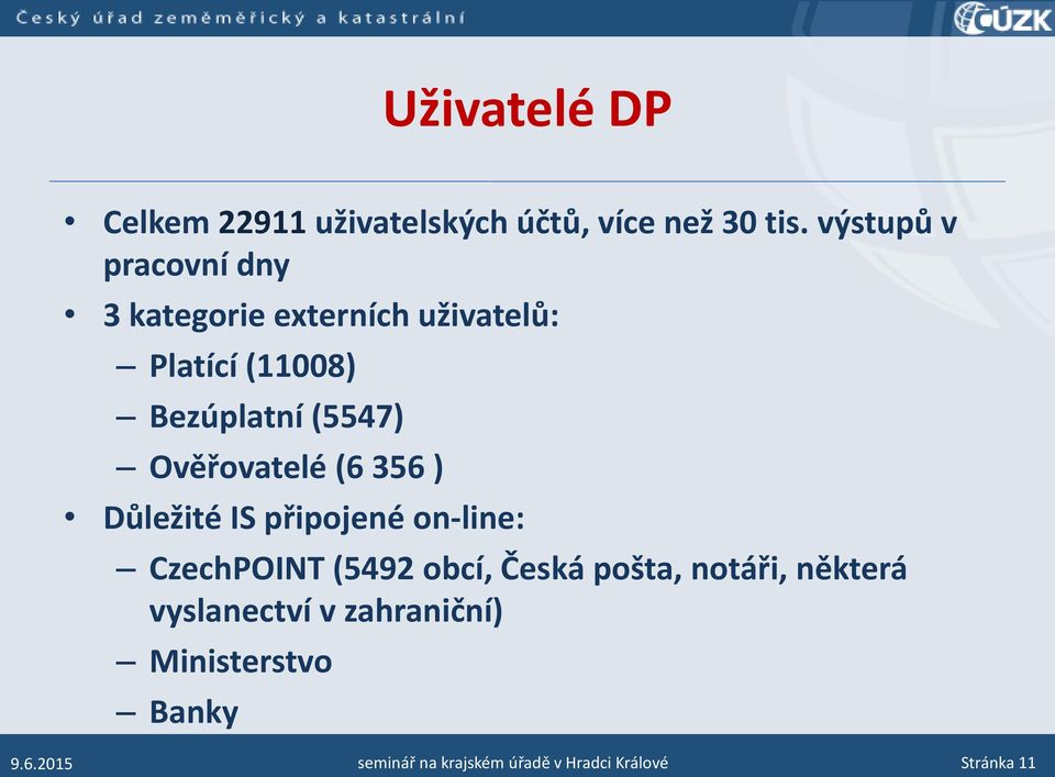 Ověřovatelé (6 356 ) Důležité IS připojené on-line: CzechPOINT (5492 obcí, Česká pošta,