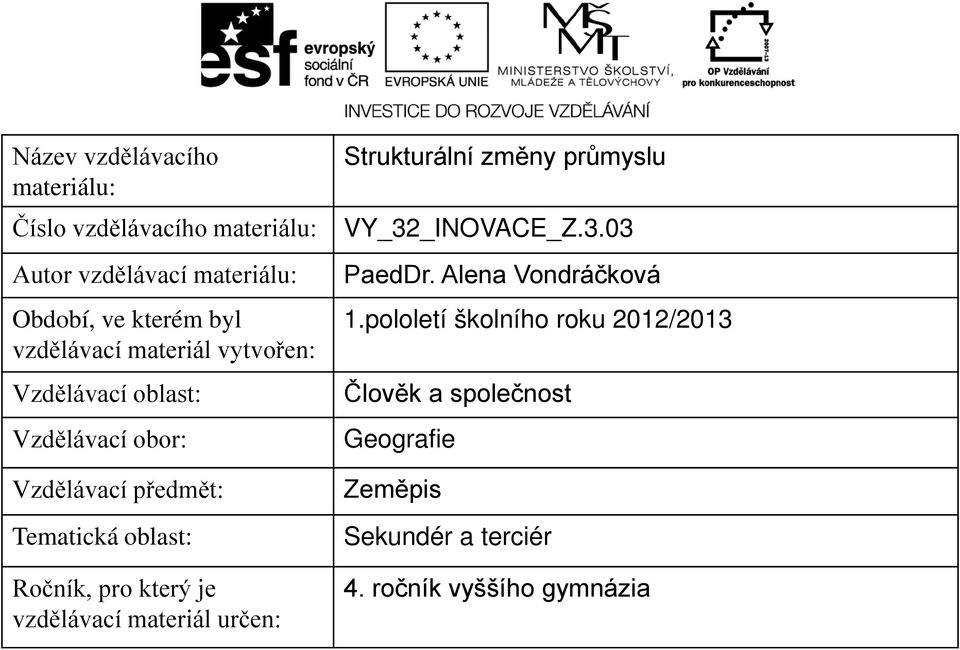 pro který je vzdělávací materiál určen: Strukturální změny průmyslu VY_32_INOVACE_Z.3.03 PaedDr.