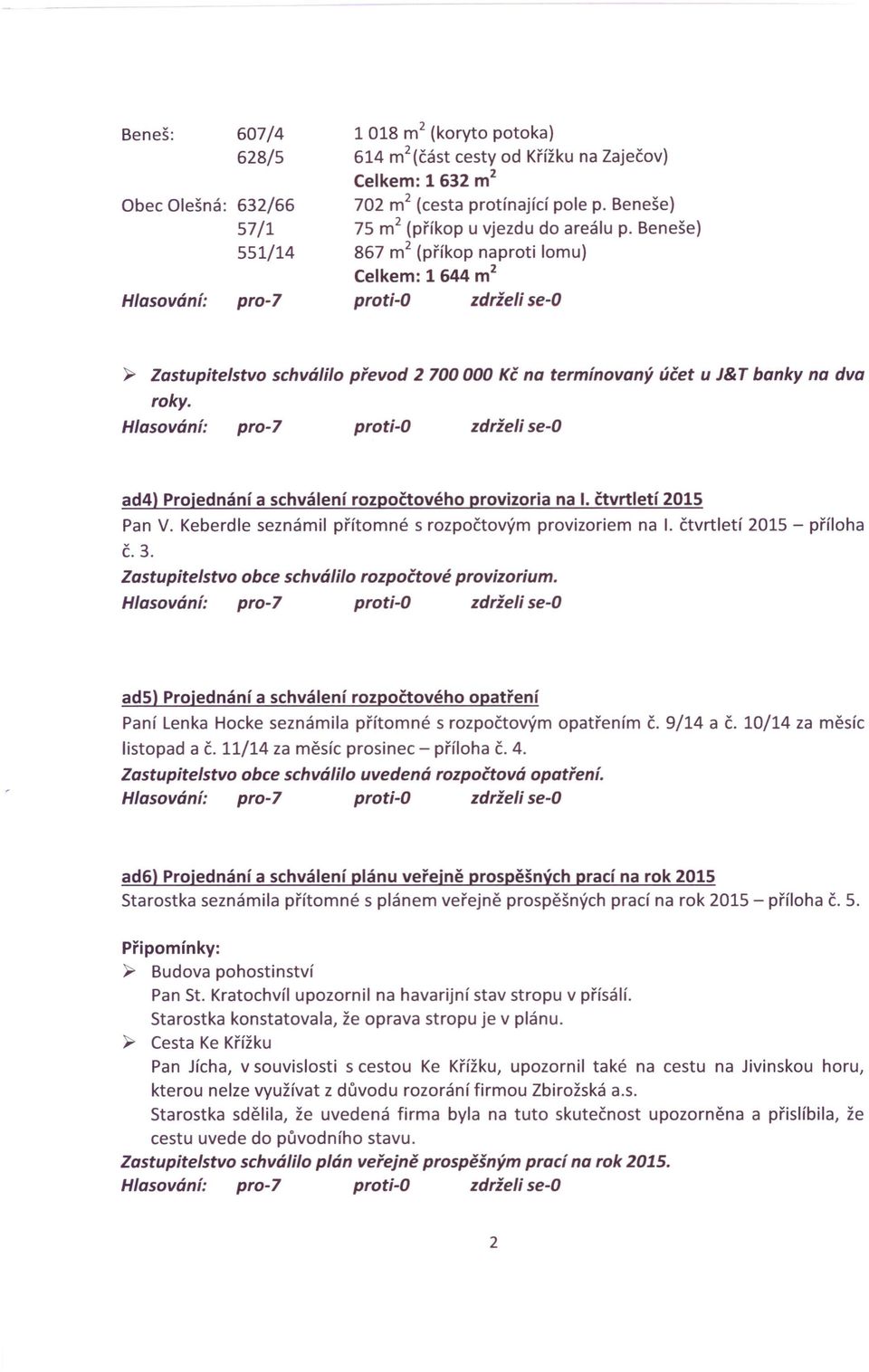 Beneše) 867 m 2 (příkop naproti lomu) Celkem: 1 644 m 2 proti-o zdrželi se-o ~ Zastupitelstvo schválilo převod 2 700 000 Kč na termínovaný účet u J& T banky na dva roky.