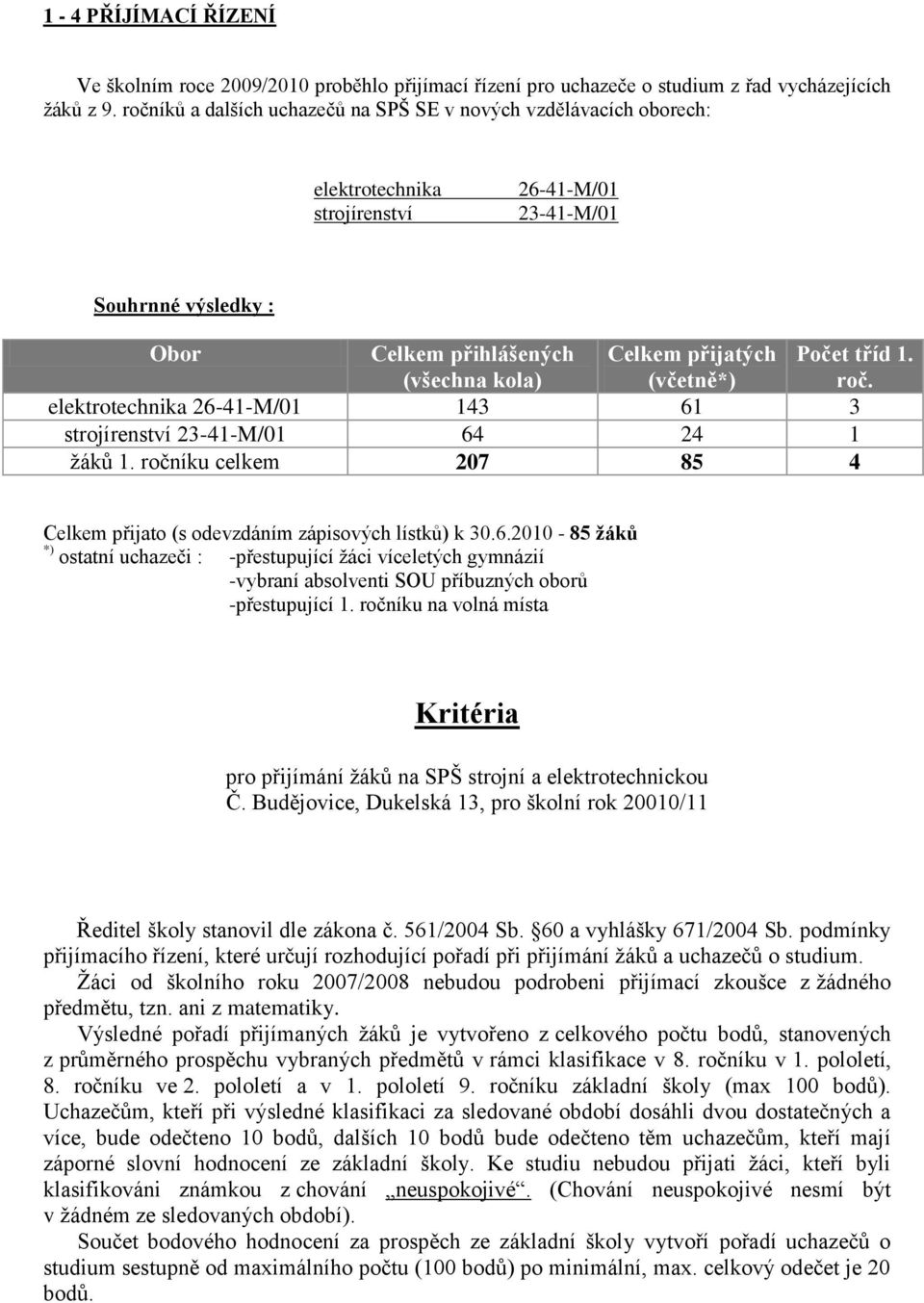 (včetně*) Počet tříd 1. roč. elektrotechnika 26-41-M/01 143 61 3 strojírenství 23-41-M/01 64 24 1 ţáků 1. ročníku celkem 207 85 4 Celkem přijato (s odevzdáním zápisových lístků) k 30.6.2010-85 žáků *) ostatní uchazeči : -přestupující ţáci víceletých gymnázií -vybraní absolventi SOU příbuzných oborů -přestupující 1.