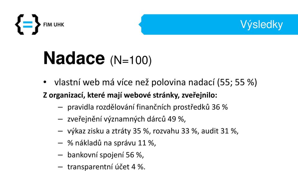 prostředků 36 % zveřejnění významných dárců 49 %, výkaz zisku a ztráty 35 %,