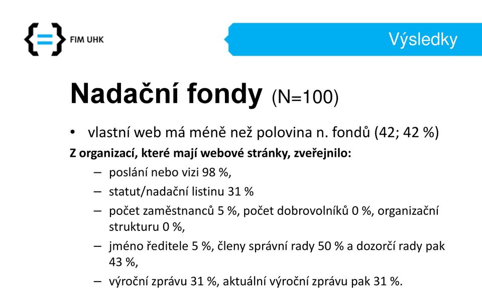 statut/nadační listinu 31 % počet zaměstnanců 5 %, počet dobrovolníků 0 %, organizační strukturu