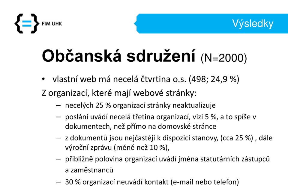 přímo na domovské stránce z dokumentů jsou nejčastěji k dispozici stanovy, (cca 25 %), dále výroční zprávu (méně než 10 %),