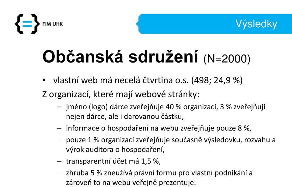 hospodaření na webu zveřejňuje pouze 8 %, pouze 1 % organizací zveřejňuje současně výsledovku, rozvahu a výrok auditora o