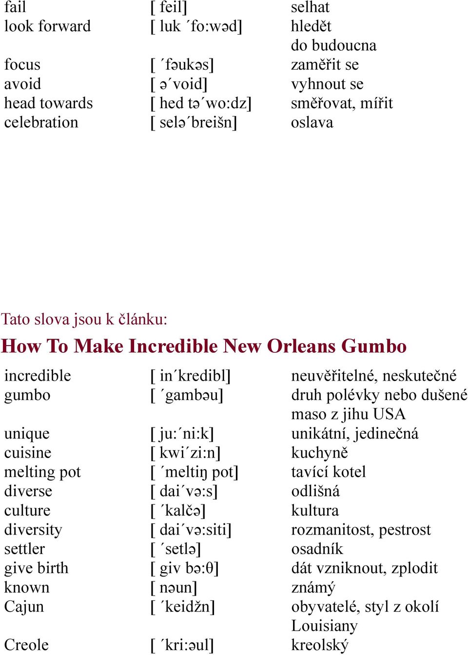 Creole [ in kredibl] [ gambəu] [ ju: ni:k] [ kwi zi:n] [ meltiŋ pot] [ dai və:s] [ kalčə] [ dai və:siti] [ setlə] [ giv bə:θ] [ nəun] [ keidžn] [ kri:əul] neuvěřitelné, neskutečné druh