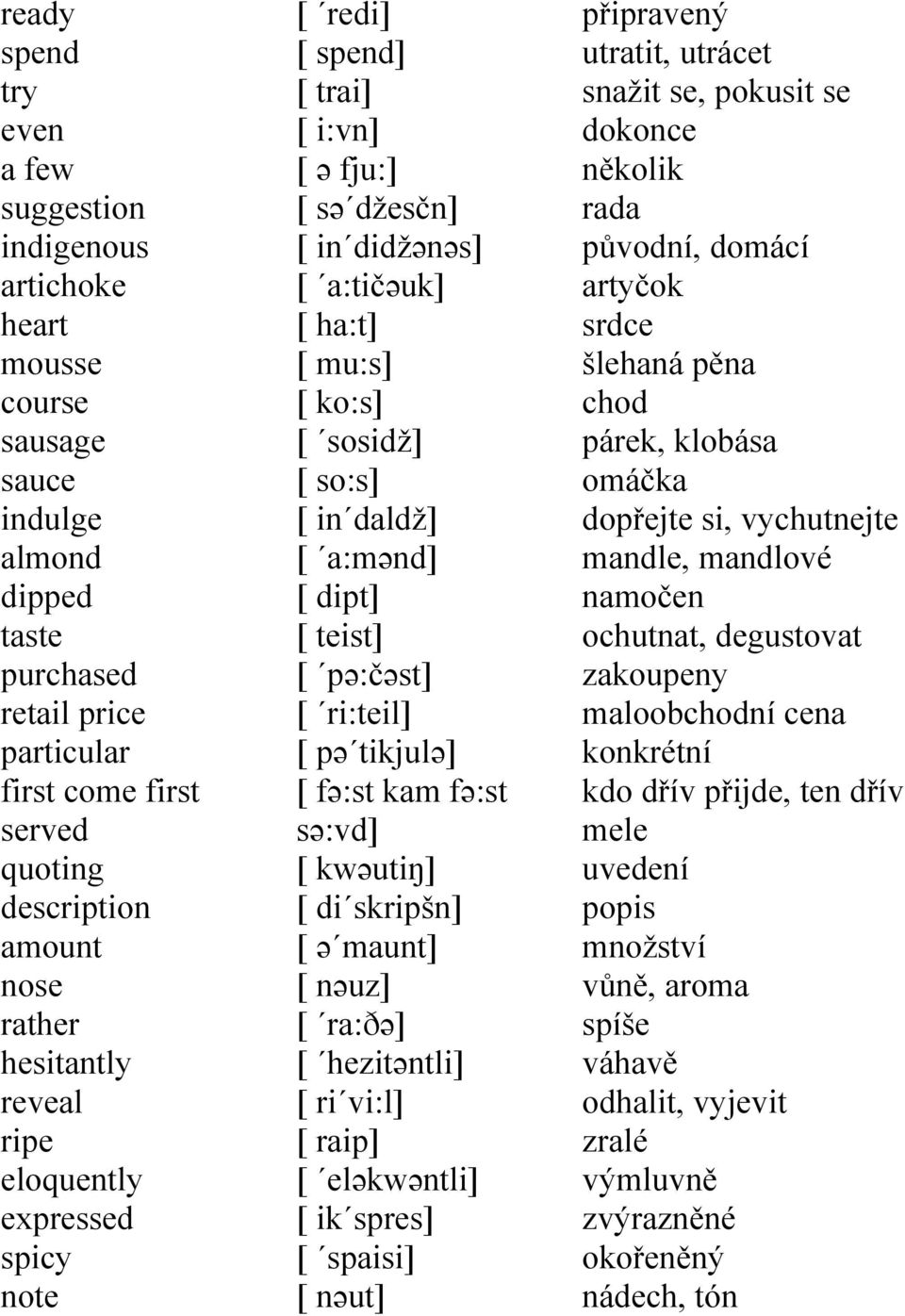 [ in daldž] [ a:mənd] [ dipt] [ teist] [ pə:čəst] [ ri:teil] [ pə tikjulə] [ fə:st kam fə:st sə:vd] [ kwəutiŋ] [ di skripšn] [ ə maunt] [ nəuz] [ ra:ðə] [ hezitəntli] [ ri vi:l] [ raip] [ eləkwəntli]