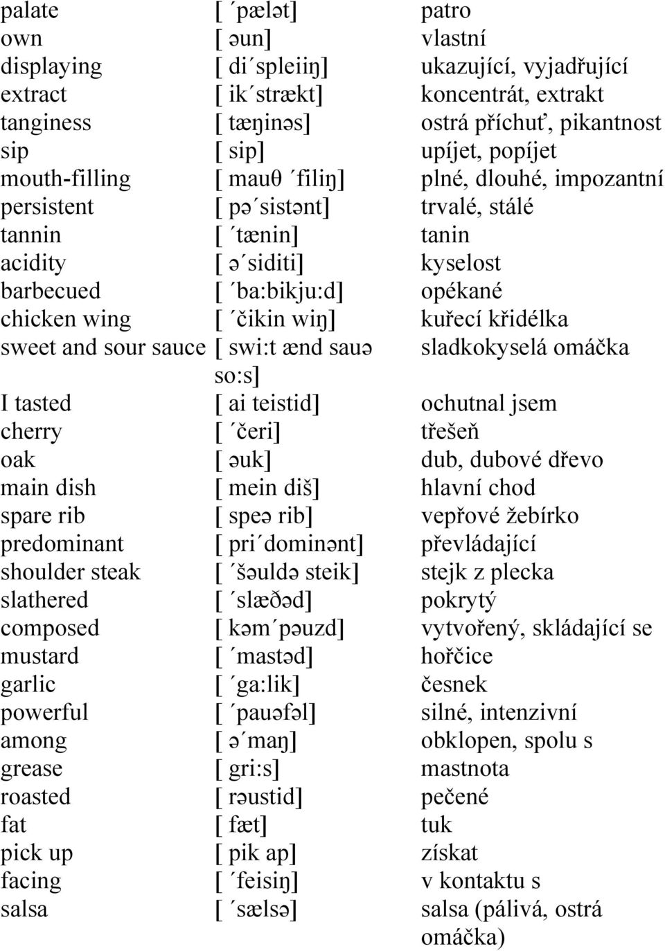 [ ba:bikju:d] [ čikin wiŋ] [ swi:t ænd sauə so:s] [ ai teistid] [ čeri] [ əuk] [ mein diš] [ speə rib] [ pri dominənt] [ šəuldə steik] [ slæðəd] [ kəm pəuzd] [ mastəd] [ ga:lik] [ pauəfəl] [ ə maŋ] [