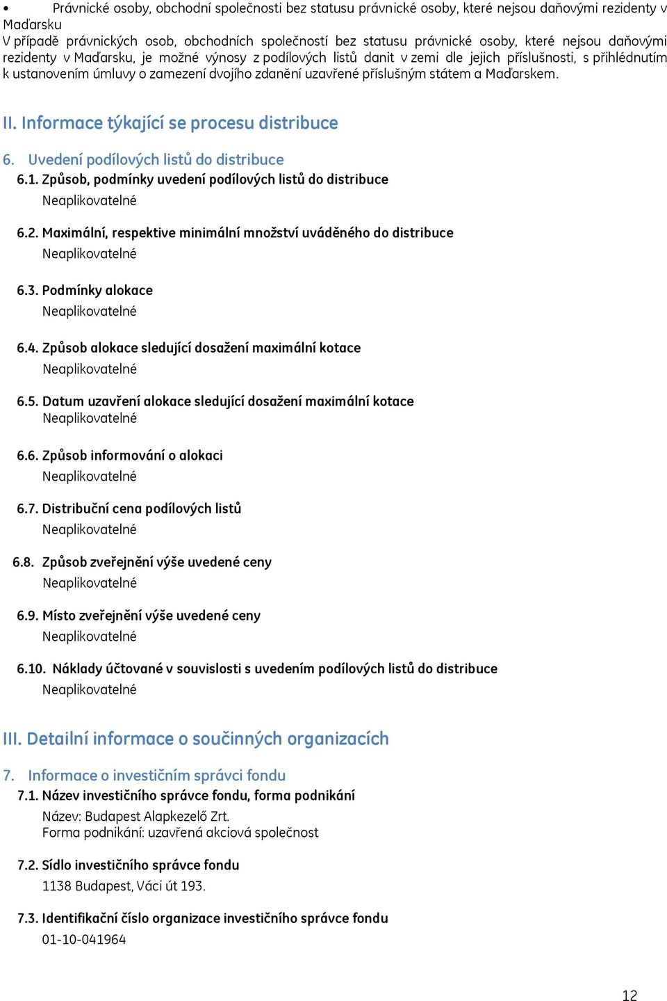 státem a Maďarskem. II. Informace týkající se procesu distribuce 6. Uvedení podílových listů do distribuce 6.1. Způsob, podmínky uvedení podílových listů do distribuce 6.2.