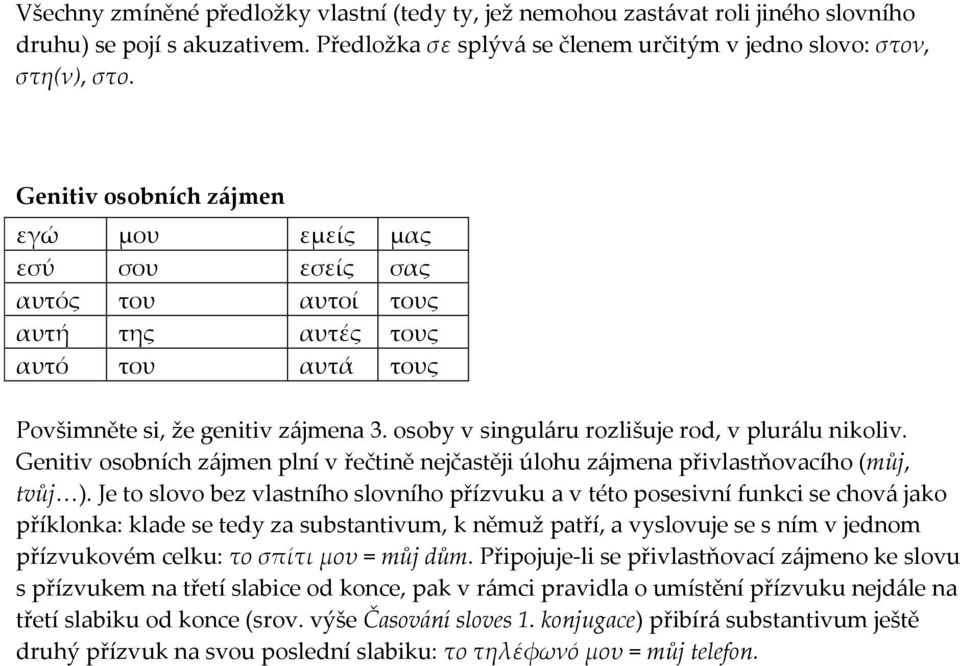 osoby v singul{ru rozlišuje rod, v plur{lu nikoliv. Genitiv osobních z{jmen plní v řečtině nejčastěji úlohu z{jmena přivlastňovacího (můj, tvůj<).