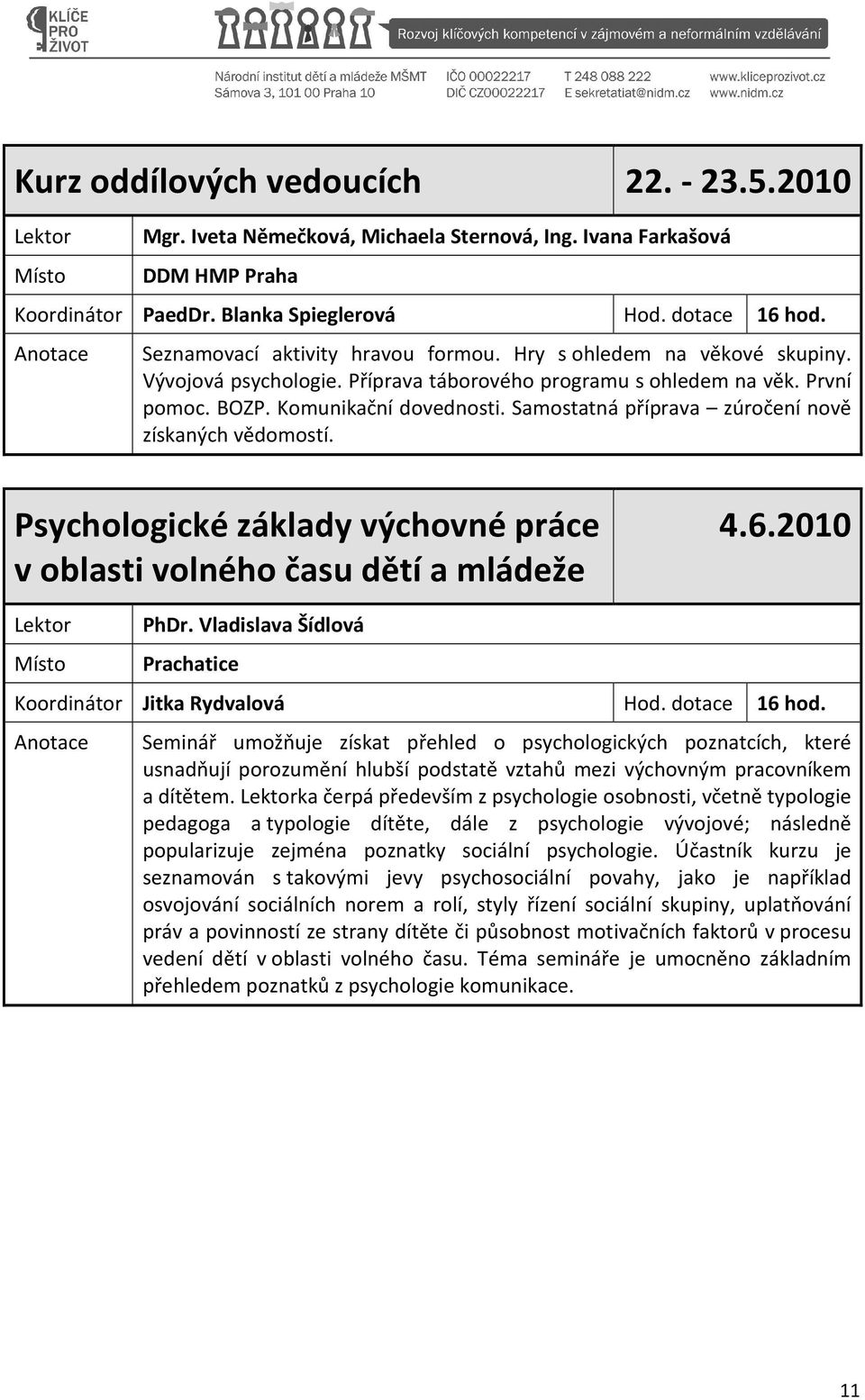 Psychologické základy výchovné práce v oblasti volného času dětí a mládeže 4.6.2010 PhDr.