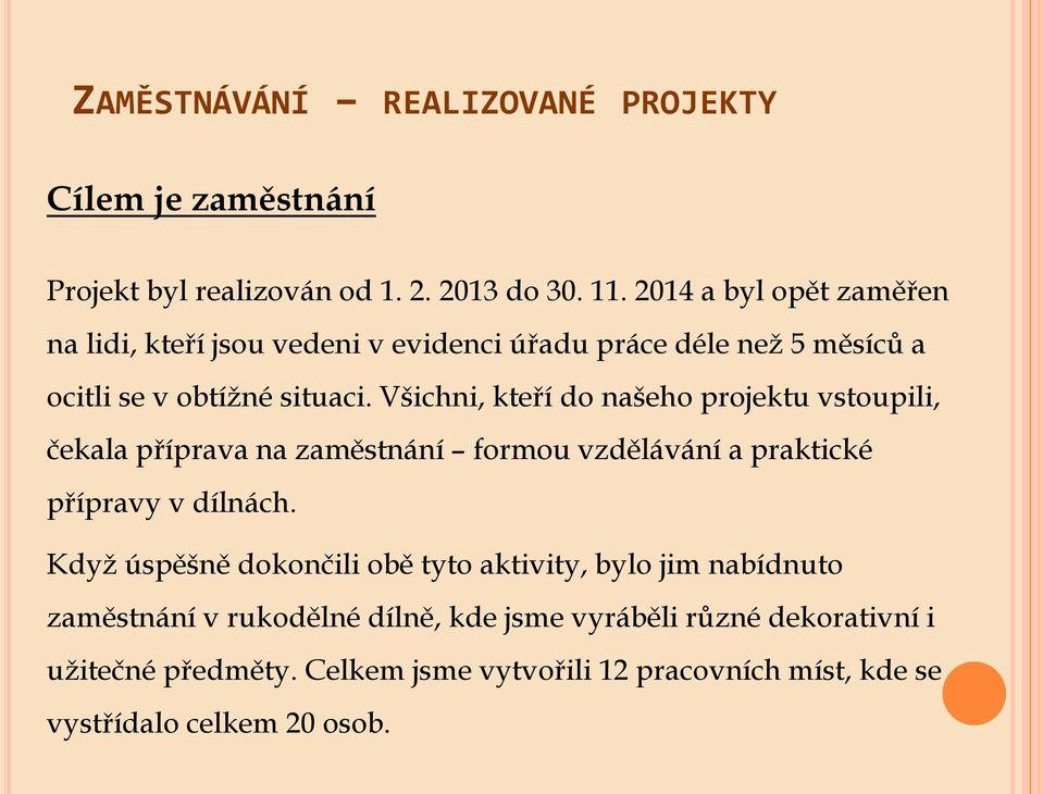 Všichni, kteří do našeho projektu vstoupili, čekala příprava na zaměstnání formou vzdělávání a praktické přípravy v dílnách.